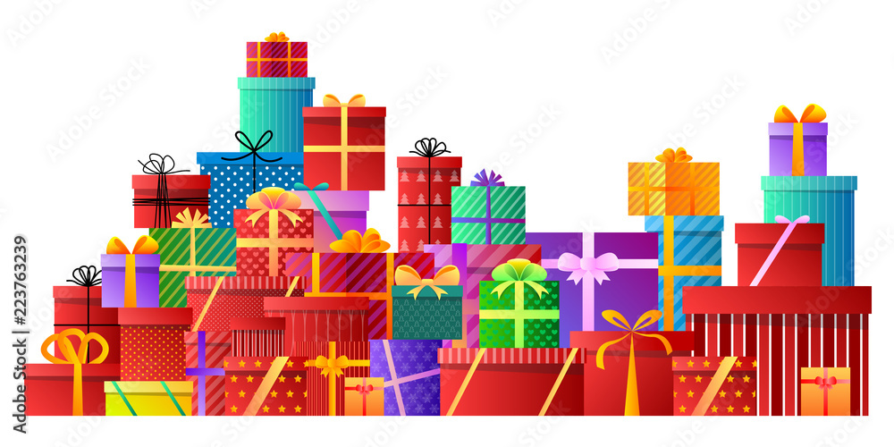 Happy birthday. Merry Christmas. Gifts with bows and ribbons. Stack of colorful present gift boxes. Set of wrapped gift boxes isolated on white background. Sale and shopping