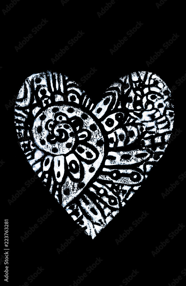 White Hand printed decorative ornamental heart on black background. For greeting cards, designs, invitations White Hand printed decorative ornamental heart on black background. For greeting cards, designs, invitations