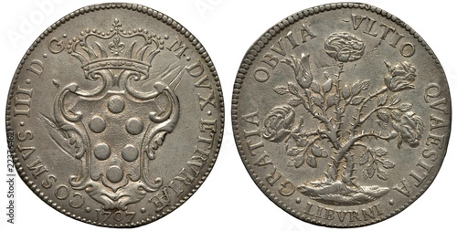 Italy Italian Toscana silver coin 1 piastre 1707, ruler Cosimo III Medici, crowned shield with dots, rose bush with flowers,  photo