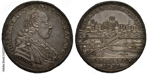 Holy Roman Empire of German Nation City of Regensburg silver coin 1 one thaler 1775, ruler Joseph II, bust in rich clothes right, city view, channels, buildings, churches, bridges, piers, boats, 