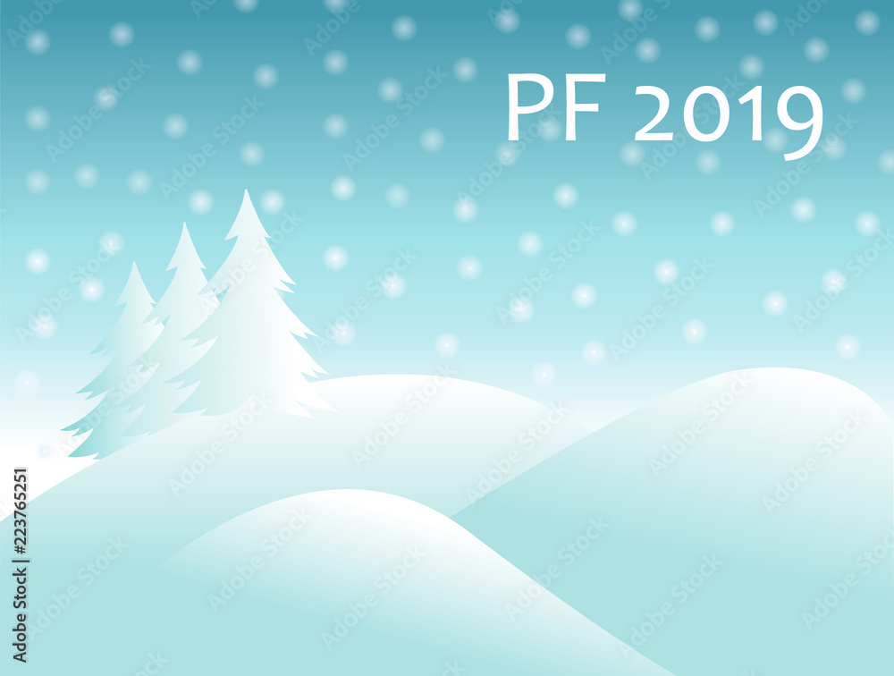 christmas winter landscape with snow covered hills and spruce tree with falling snow balls and text sign PF 2019. new year vector greeting card