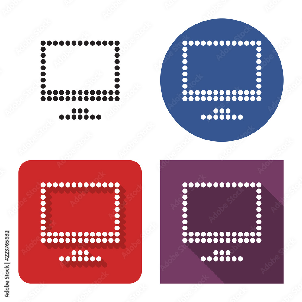Dotted icon of LCD monitor in four variants. With short and long shadow Dotted icon of LCD monitor in four variants. With short and long shadow