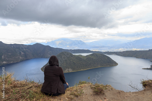 View on a tourist at vulcano lake cuicocha close to otavalo, ecuador