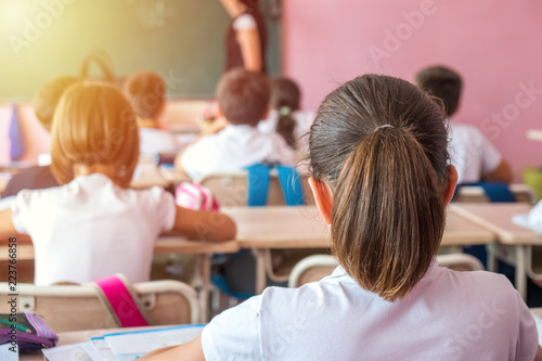 group of school kids sitting and listening to teacher in classroom from back