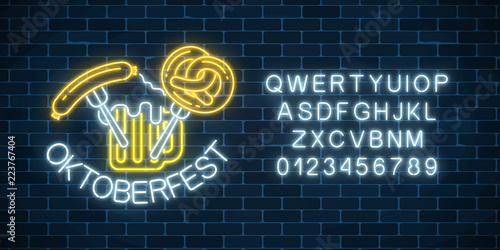 Glowing neon sign of oktoberfest festival with beer mug, sausage, pretzel and alphabet. Beer autumn fest logo.