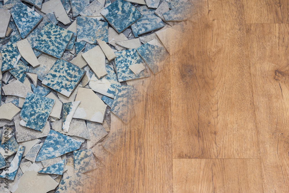 Retro ceramic tiles and modern vinyl texture. Floor renovation concept. Contrast of shards from a broken old facing and new wooden flooring background. Idea of tiling reconstruction and modernization.