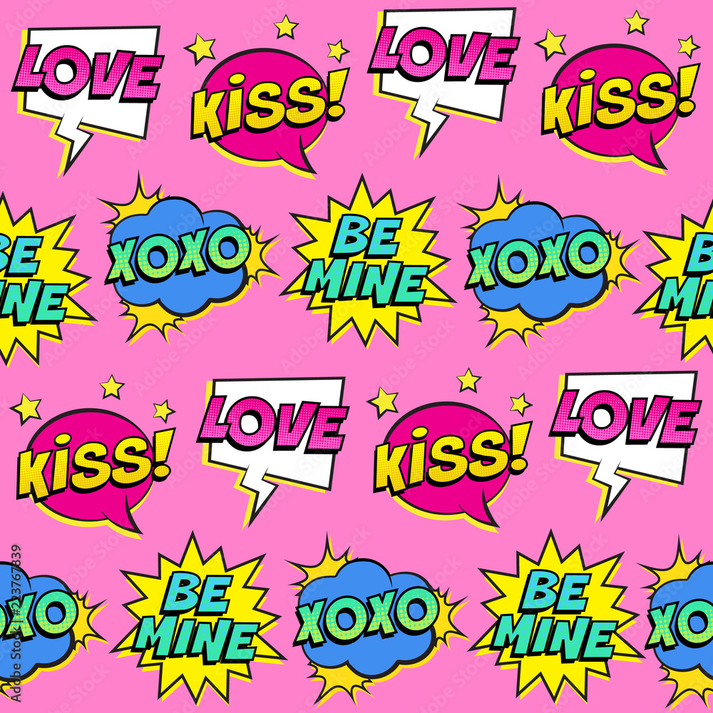 Seamless colorful pattern with comic speech bubbles patches on pink background. Expressions LOVE, KISS, XOXO, BE MINE. Vector illustration for Valentine's day, pop art style