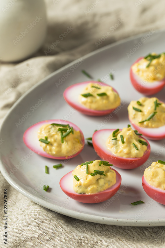 Homemade Pink Pickled Deviled Eggs