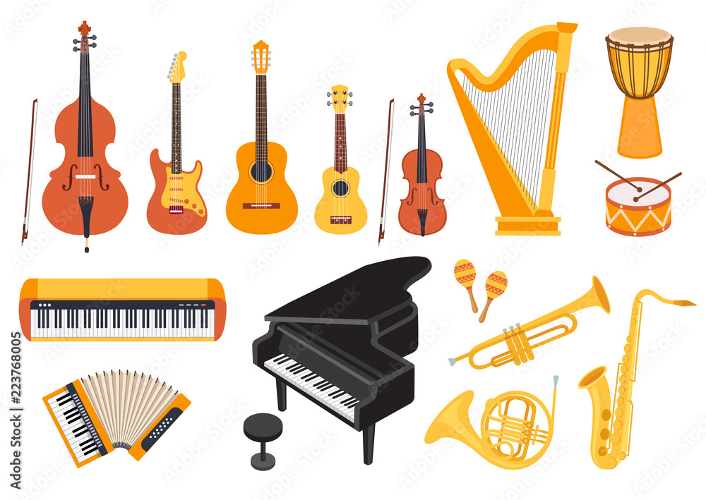 Big musical instruments set isolated on white background. Guitar, ukulele,  piano, harp, accordion, maracas, violin etc. Flat style, vector  illustration Stock Vector | Adobe Stock
