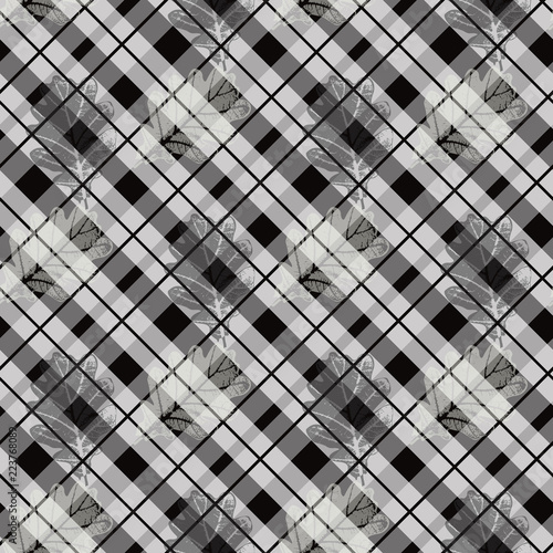 Black and white fabric texture check tartan with oak leaf seamless pattern. Vector illustration.
