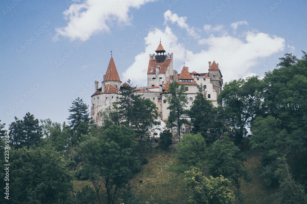 Mysterious beautiful Bran Castle. Vampire Residence of Dracula in the forests of Romania