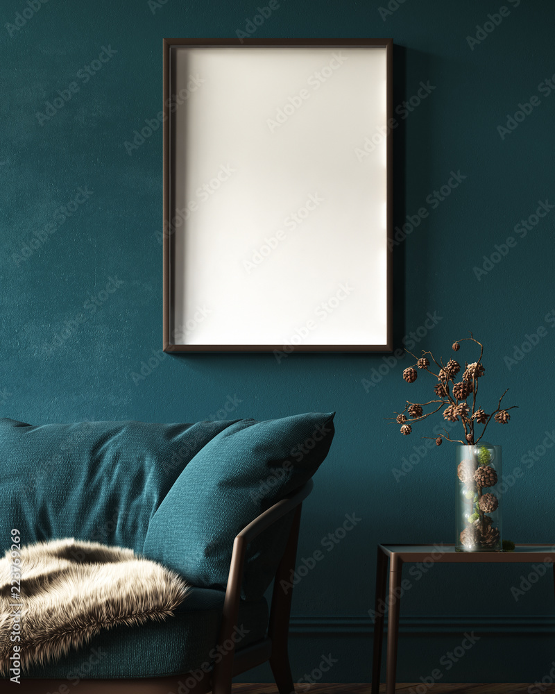 Mock-up frame in dark green home interior with sofa, fur, table and branch in vase, 3d render - obrazy, fototapety, plakaty 