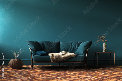 Home interior mock-up with green sofa, table and decor in living room, 3d render photo