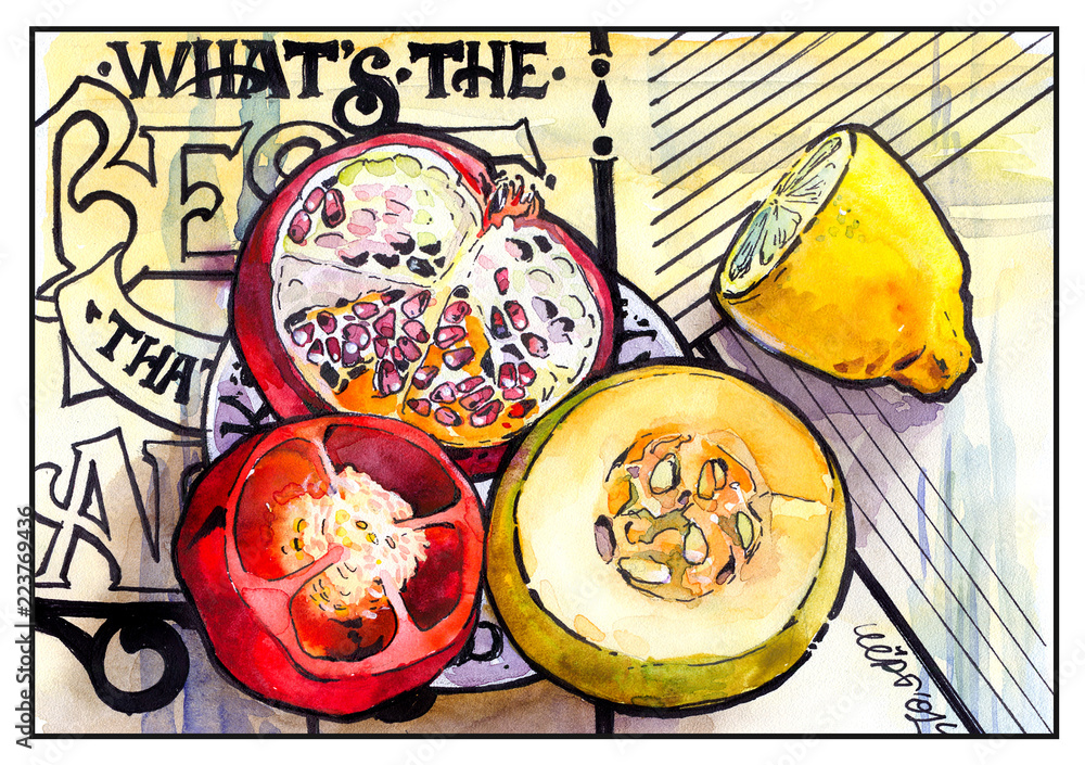 Vegetables fruit pumpkin pepper pomegranate lemon font watercolor