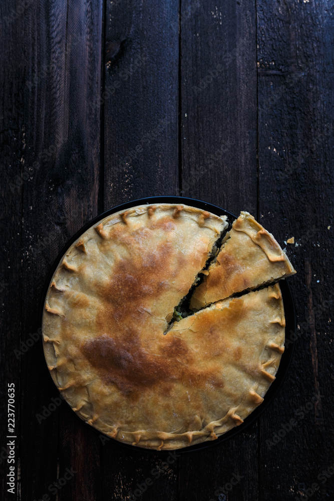 Greek Pie Spanakopita with Spinach and Cheese, top view, copy space. Greek Pie Spanakopita with Spinach and Cheese, top view, copy space.