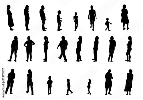 Set of Black and White Silhouette Walking People and Children. Vector Illustration