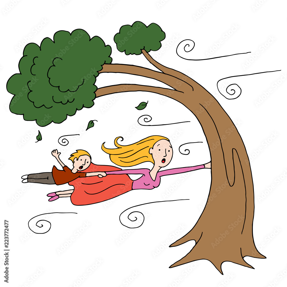 Windy Day Mother and Child Holding Onto a Tree Stock Vector