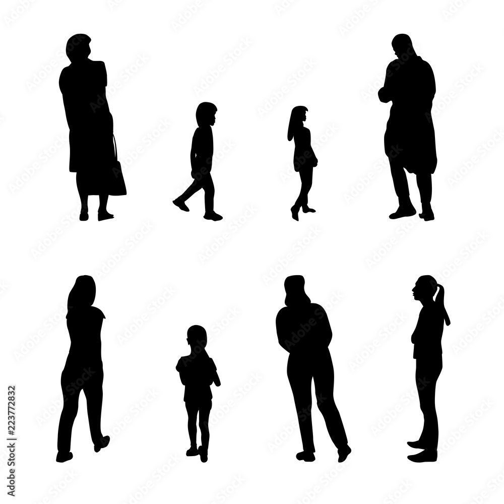 Set of Black and White Silhouette Walking People and Children. Vector Illustration