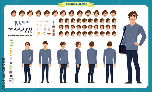 People character business set. Front, side, back view animated character.   Businessman character creation set with various views, face emotions, poses and gestures.