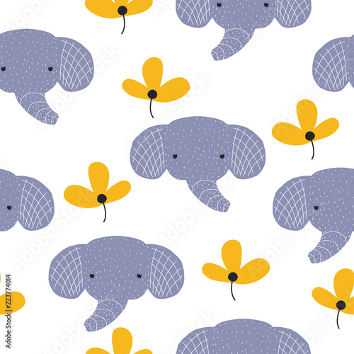 Seamless pattern with cute elephant and tropical flower. Kids fashion print. Vector hand drawn illustration.
