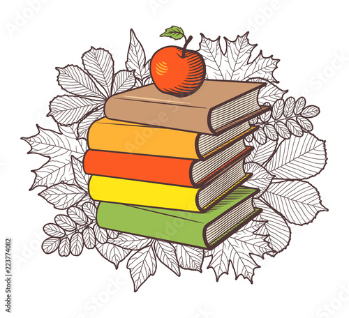 Stack of books and red apple on autumn leaves background. Conceptual vector illustration, isolated on white