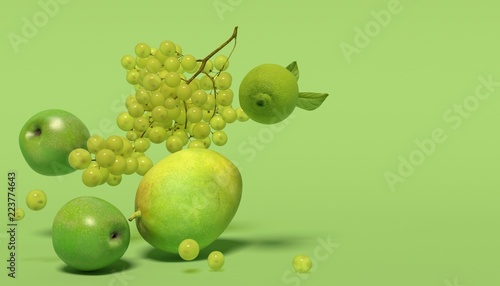 Banner with green fruits on a green background with free space for text. Composition of bunches of grapes  apples  mango and llime falling down. 3D rendering