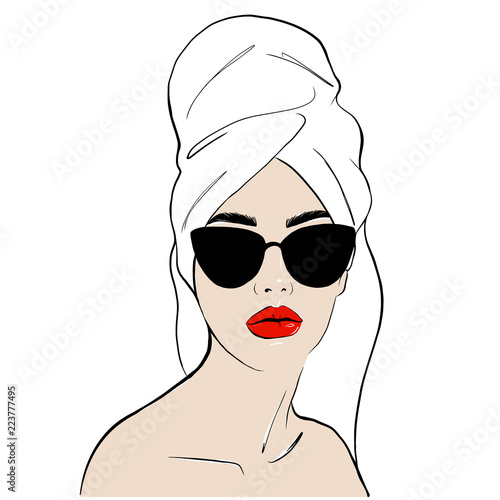 Beauty spa face with red lips and with sunglasses, pretty woman in towel and in bathrobe. Portrait girl shining purity. Fashion, style, beauty. Graphic, sketch drawing. Stock Vector illustration