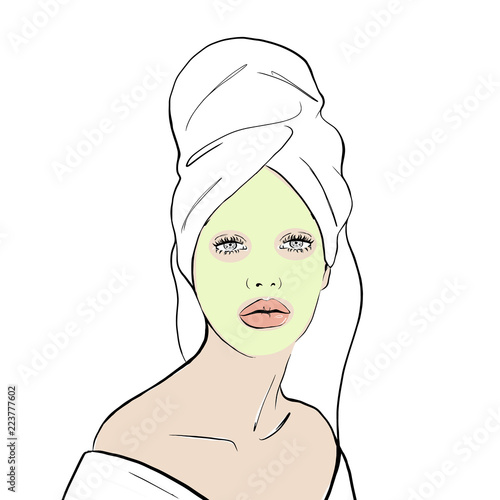 A woman wears a facial mask with a towel on her head, vector illustration for instructions. Fashion, style, beauty. Graphic, sketch drawing. Stock Vector illustration