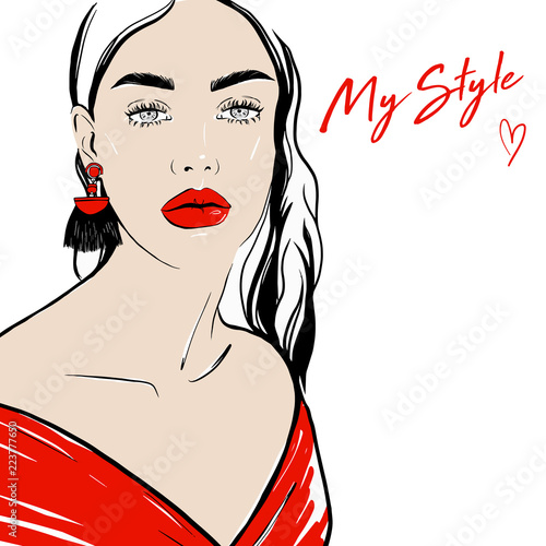 Face of beautiful young woman in red clothes with red lips and black earrings tassel sketch style. Woman in red. Hand drawn fashion girl, model. Sketch. Vector illustration. My Style, youth, beauty