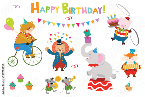 Fototapeta Naklejka Na Ścianę i Meble -  Cute Birthday Circus Characters