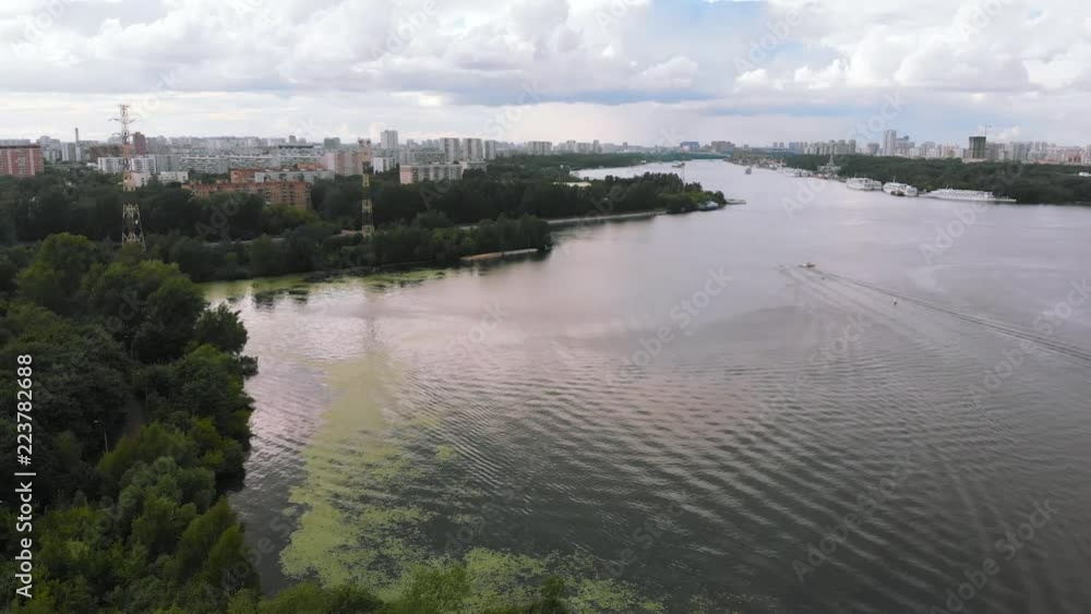 Aerial video view of dilapidated Moscow River near the green city park Aerial video view of dilapidated Moscow River near the green city park