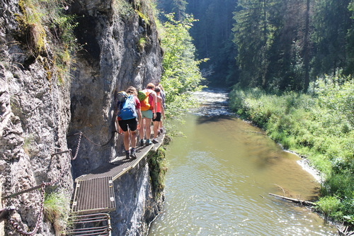 Trekkers on metal ladder in Canyon Prielom Hornadu in Slovenský raj (Slovak Paradise National Park),Slovakia photo