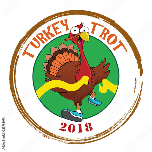 Turkey Trot 2018 / A cartoon bird crosses the finish line.