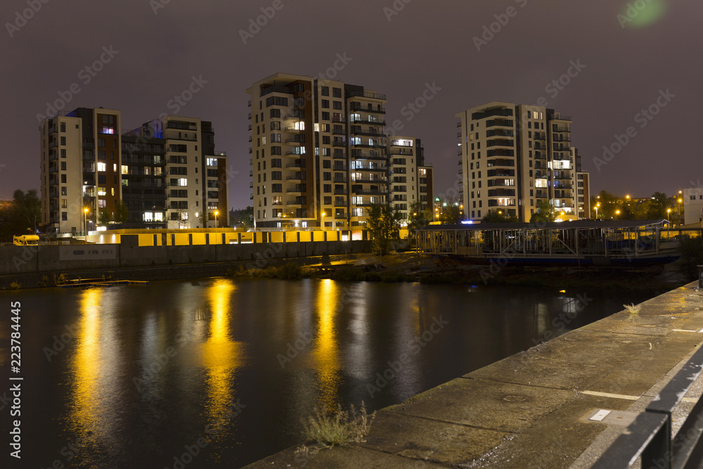 Obraz premium Luxury Living in Prague Marina in the Night, Holesovice, the most cool Prague District, Czech Republic