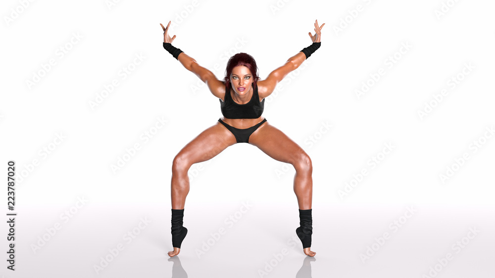 Fototapeta premium Dancing athlete woman, fit dancer girl standing on toes on white background, front view, 3D rendering