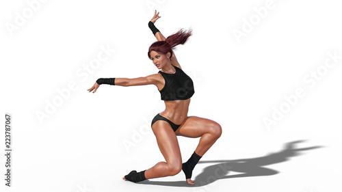 Dancing athlete woman, fit dancer girl with dark long hair posing on white background, 3D rendering © freestyle_images