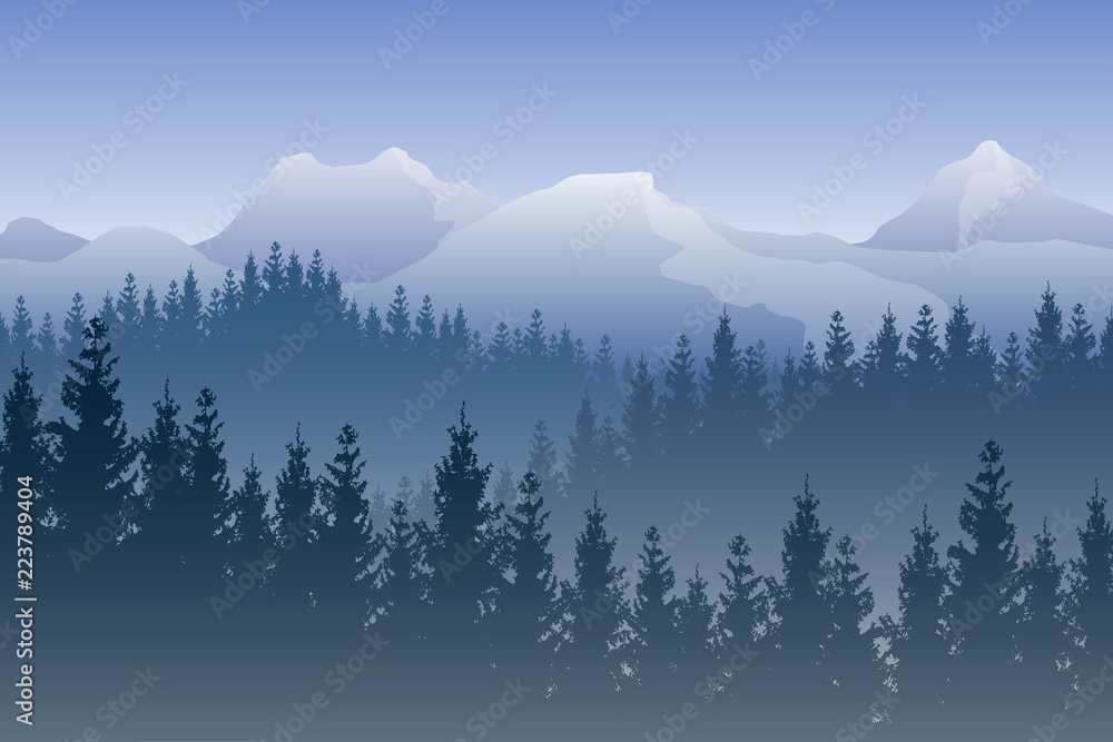 Vector landscape with blue forests and snowy mountains on the background.