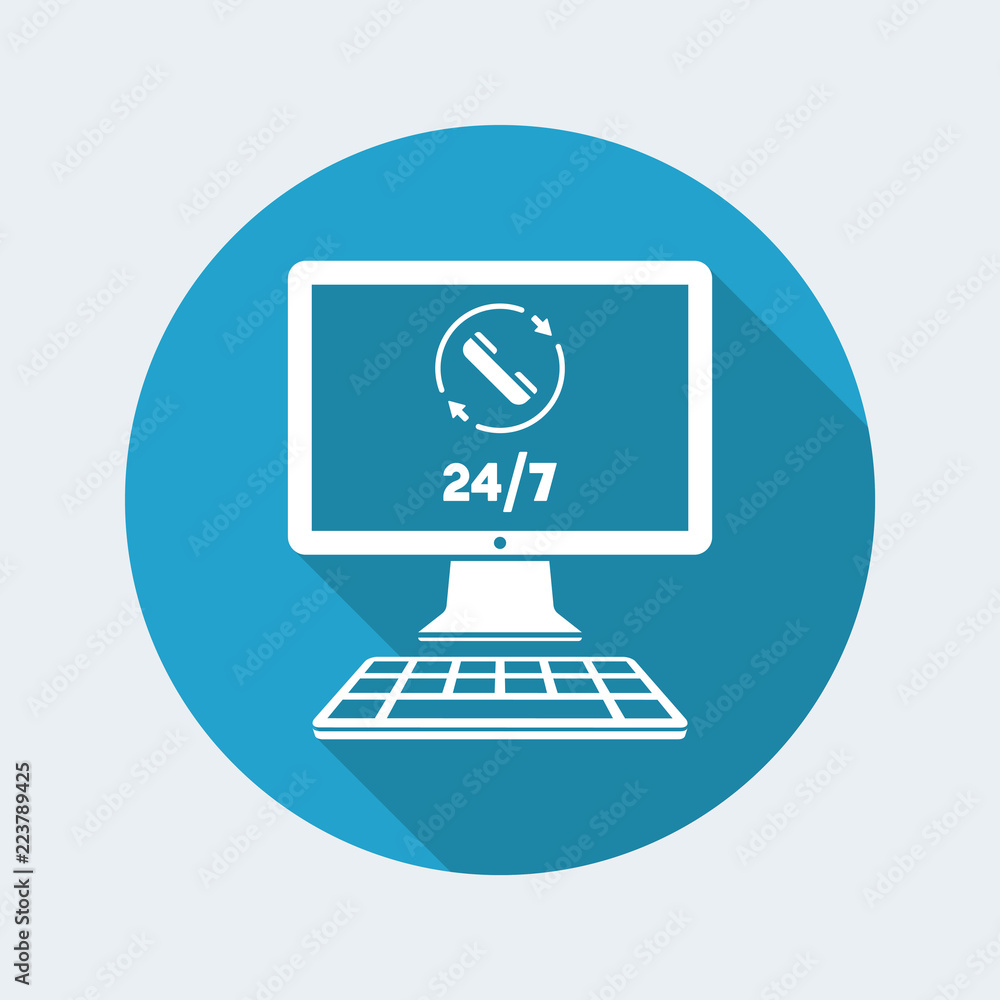 Computer - Full time contact assistance 24/7 - Vector flat icon Computer - Full time contact assistance 24/7 - Vector flat icon