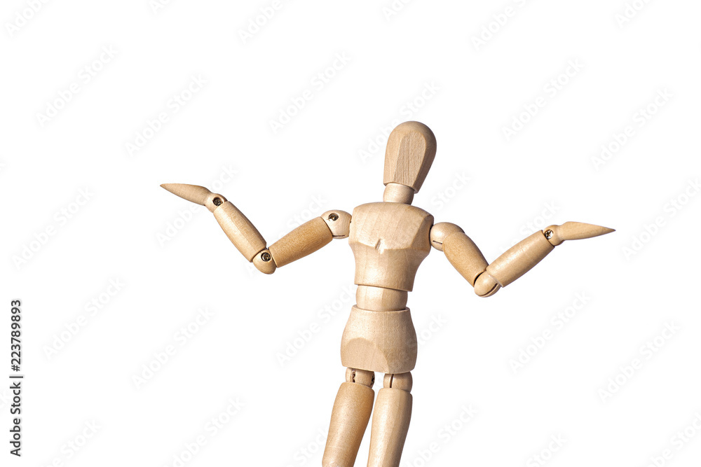 Wooden figure doll posing with shrug gesture isolated on white background, question concept Wooden figure doll posing with shrug gesture isolated on white background, question concept