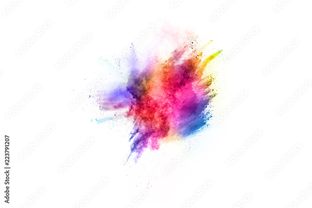 abstract powder splatted background. Colorful powder explosion on white background. Colored cloud. Colorful dust explode. Paint Holi.