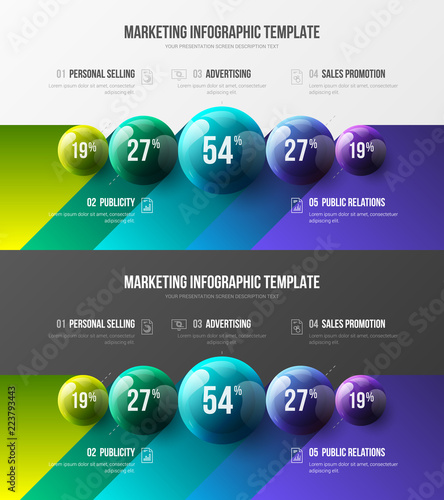 Premium quality marketing analytics presentation vector illustration template bundle. Business data visualization design layout. Amazing colorful 3D balls corporate statistics infographic set.