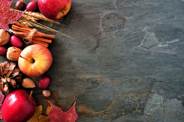 Autumn side border of apples, fall foods and decor on a dark stone background with copy space