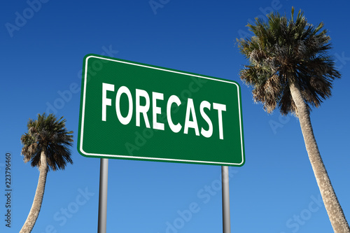 Forecast highway sign and palm trees in summer