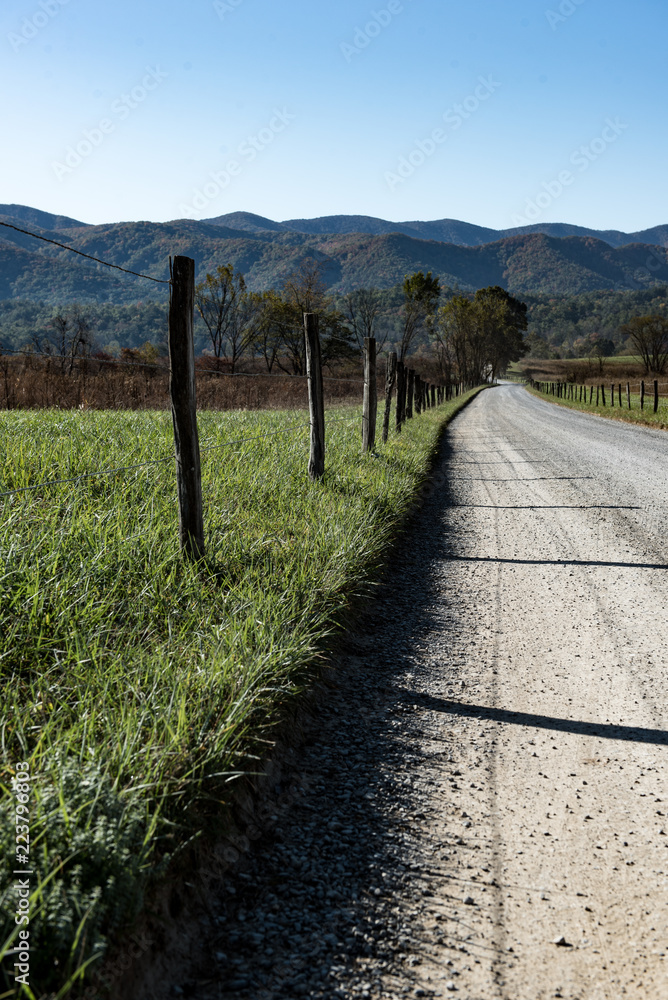 gravel road with fence posts in the mountains