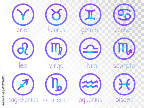 Vector set of zodiac signs round icons on a transparent background. Horoscope symbols collection colored.