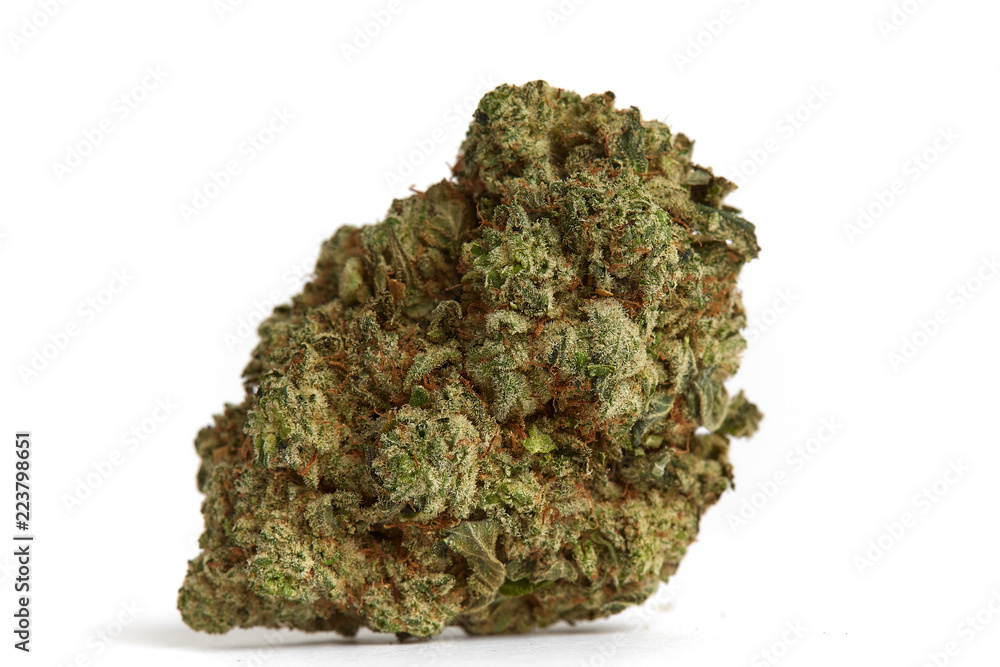 Close up macro photo of recreational and medical prescription hybrid strain wedding cake flower on white background Close up macro photo of recreational and medical prescription hybrid strain wedding cake flower on white background