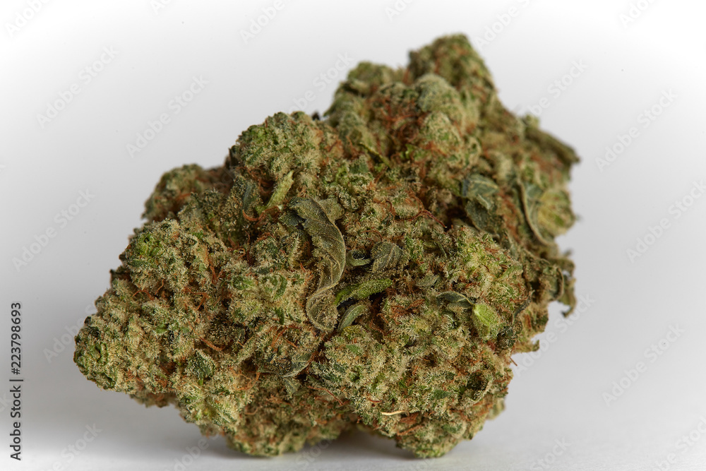 Close up macro photo of recreational and medical prescription hybrid strain  wedding cake flower on white background