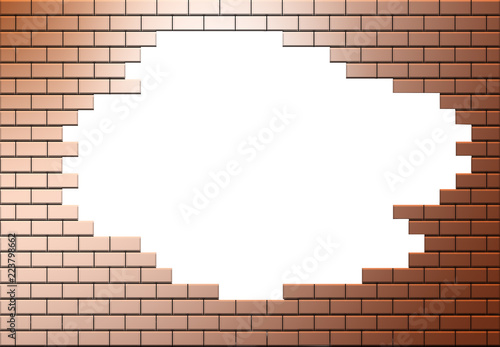 A copper colored brick wall has a hole in it allowing escape to another area  world  life or whatever is needed.
