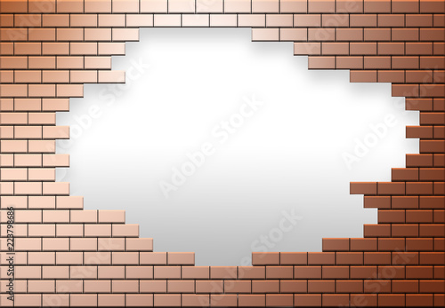 A copper colored brick wall has a hole in it allowing escape to another area  world  life or whatever is needed.