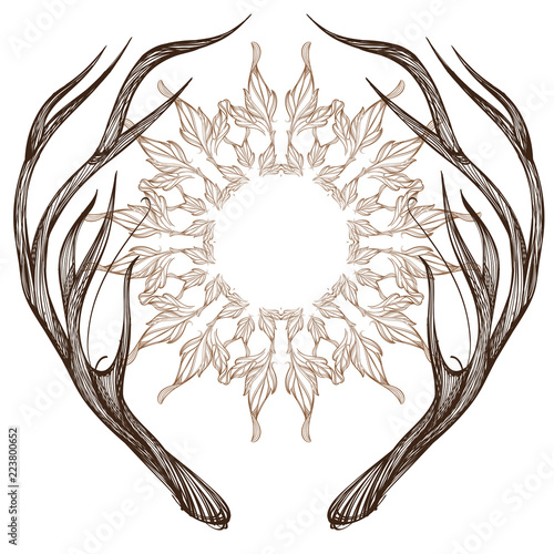 Hand drawn deer antlers with decorative floral ornament.
